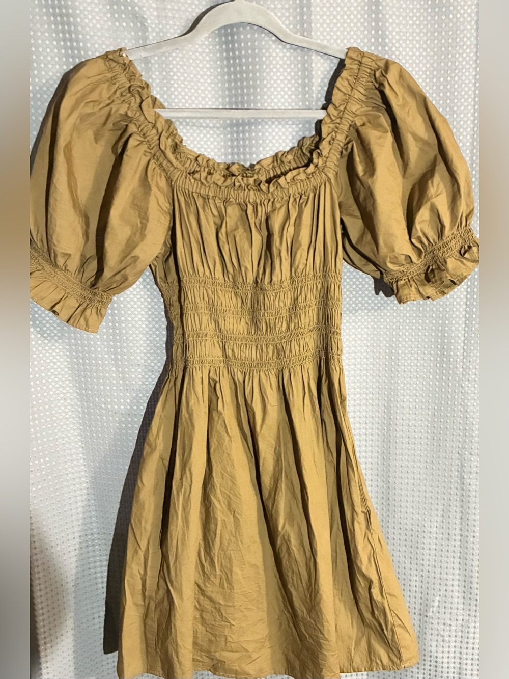 Levi’s Khaki Peasant Babydoll Dress Sz L Smocking Puff Sleeve Pockets Festival